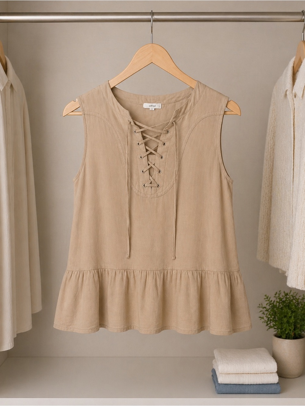 Loveriche Boho Lace-Up Tank Top Women’s Large Beige Flowy Ruffle Hem Sleeveless - Picture 2 of 6